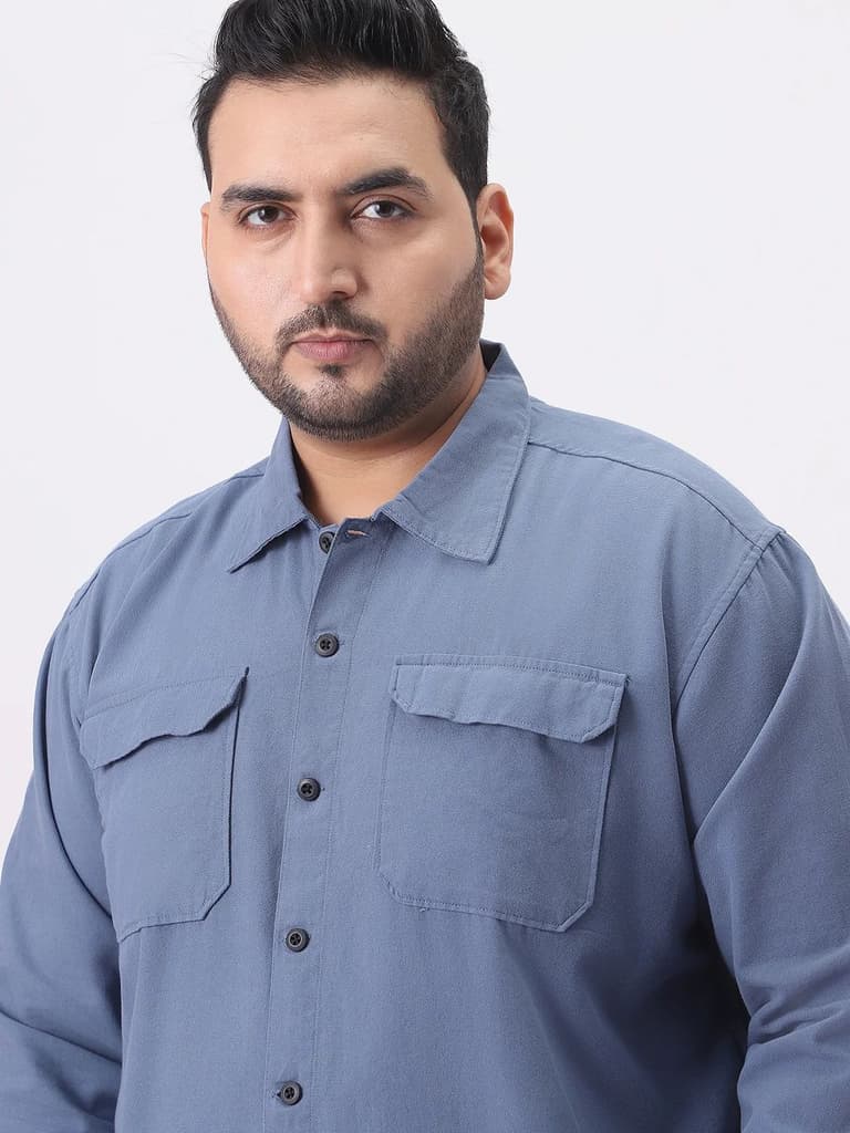 Plus Men's Blue Cotton Full Sleeve Relaxed Fit Shacket with Utility Pockets — photo 6