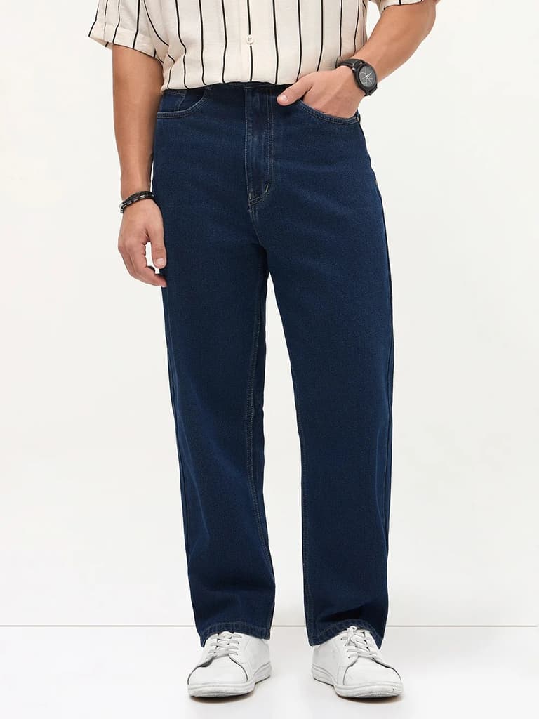 Men's Blue Loose Baggy Fit Raw Washed Denim Jeans Non-Stretchable — photo 2