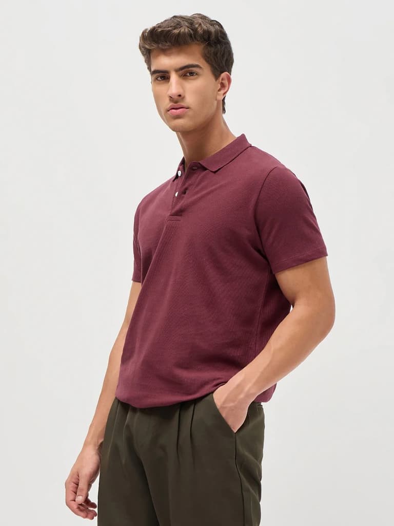 Men's Maroon Solid Regular Fit Half Sleeve Cotton Polo T-Shirt — photo 2
