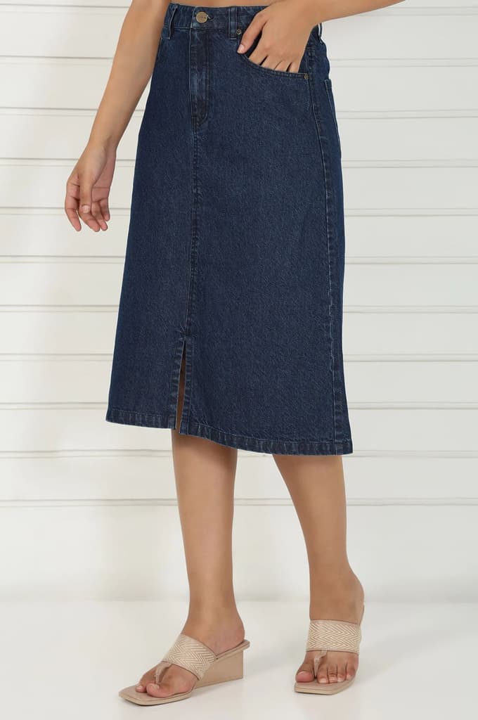 Blue Denim Mid Rise Calf Length Skirt with YKK Zipper — photo 3