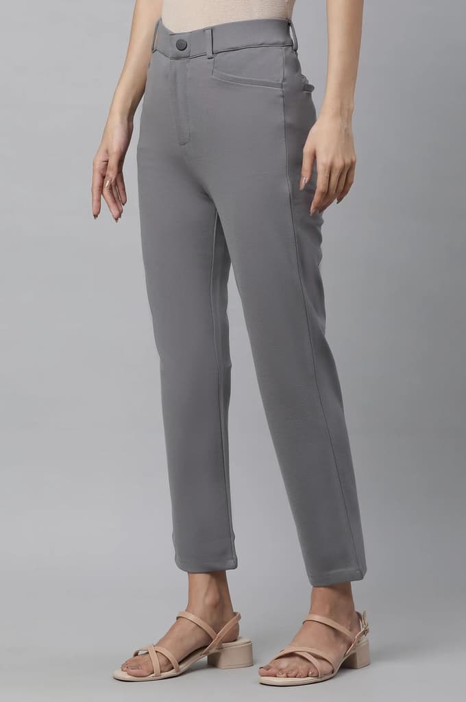 Grey Solid Slim Fit Pants With Front Zip — photo 2