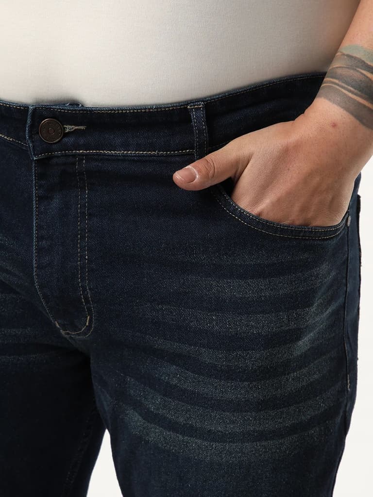 Plus Men's Dark Blue Bootcut Fit Mid Rise Heavy Washed Jeans Stretchable — photo 5