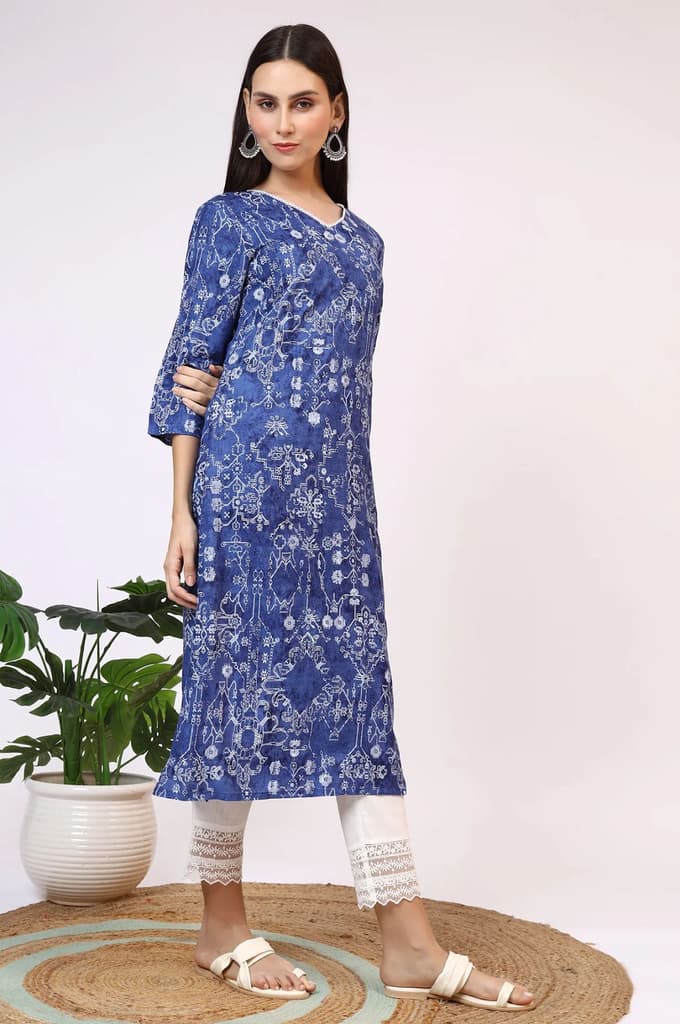 Navy Blue Printed Rayon Straight Kurta with Lace — photo 7
