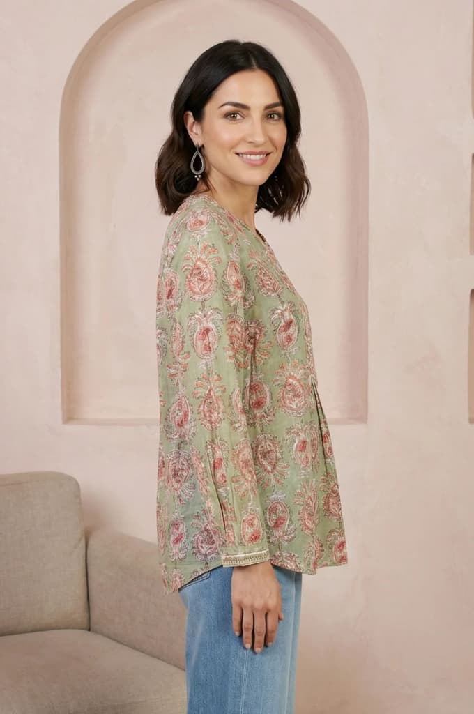 Green Block Floral Printed Pure Cotton A-line Top — photo 5