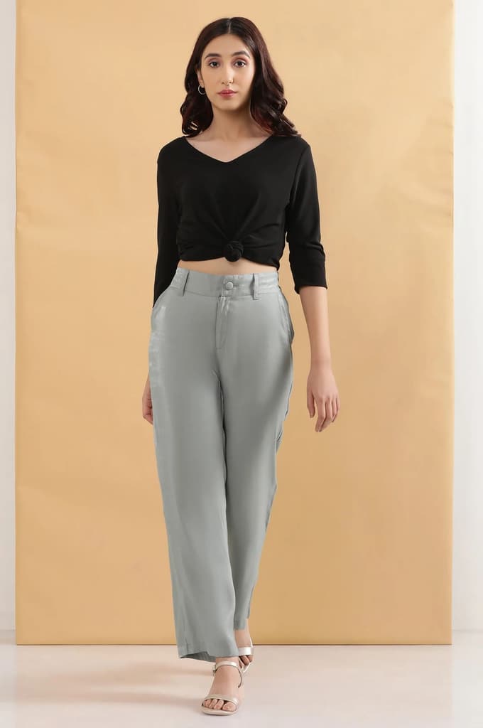 Grey Solid Straight Fit Woven Pants With Elasticated Back — photo 2
