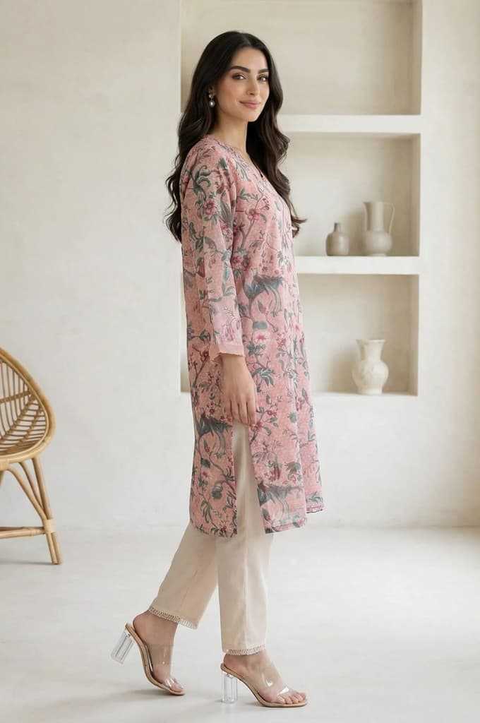 Pink Floral Printed Lace Chiffon Straight Kurta — photo 6