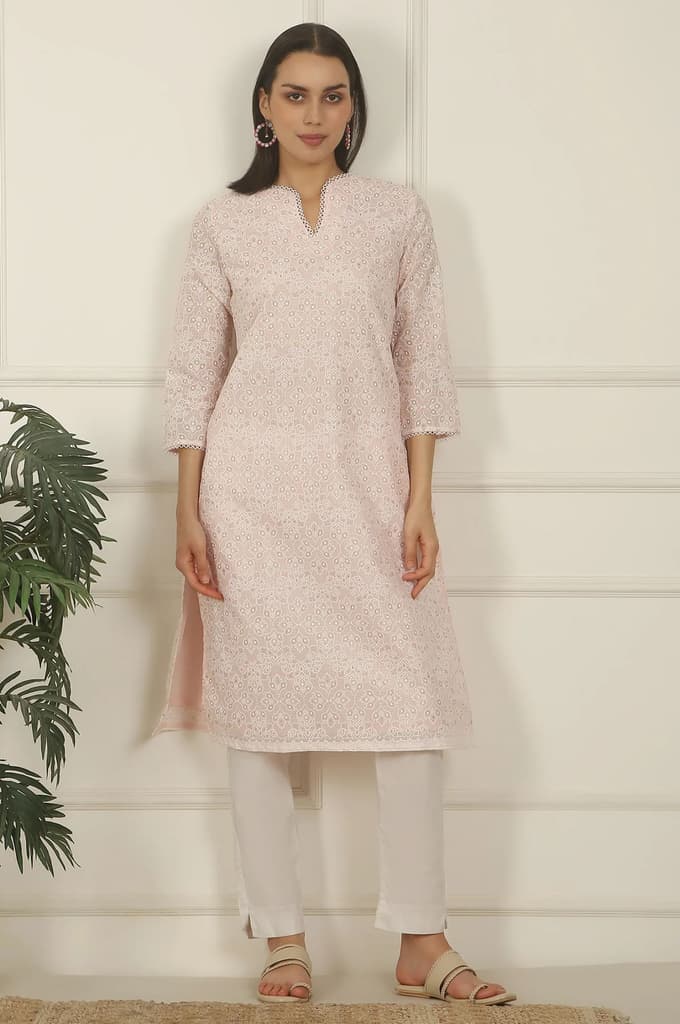 Pastel Pink Khadi Printed Kota Straight Kurta — photo 2