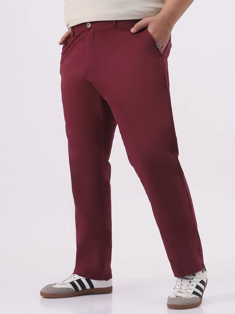 Plus Men's Dark Maroon Cotton Regular Fit Casual Chinos Trousers Stretch — photo 3