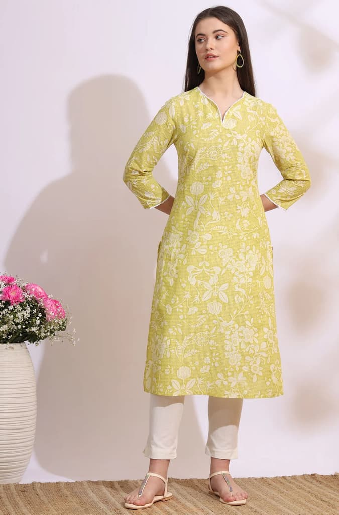 Lime Yellow Bold Floral Printed Cotton Cambric Straight Kurta — photo 2