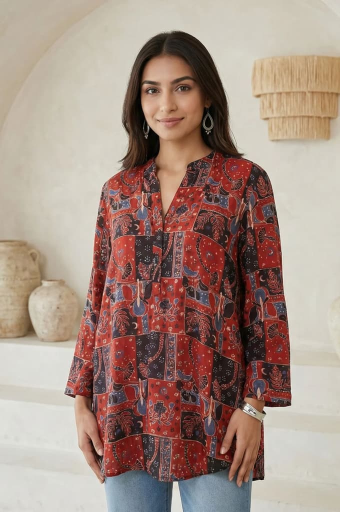 Red Abstract Modal Satin Straight Top — photo 3