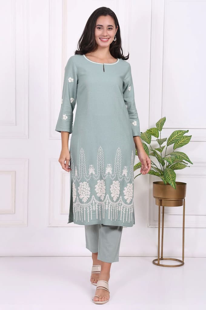 Light Green Embroidered Rayon Straight Kurta and Straight Pants Co-ord Set — photo 2