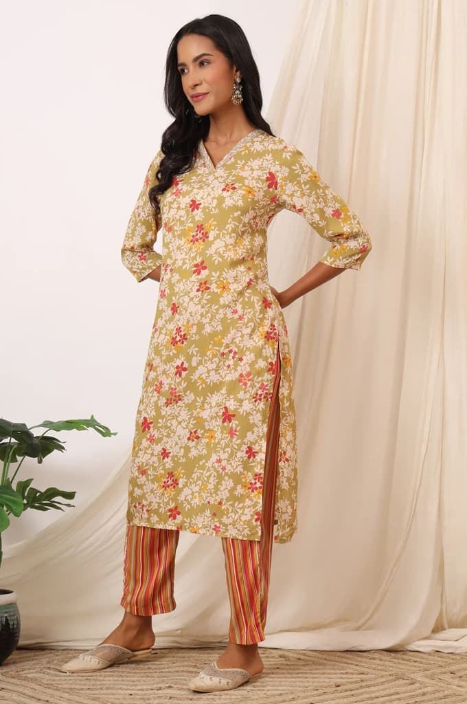 Beige Floral Printed Pure Cotton Straight Kurta, Pants and Dupatta Set — photo 5