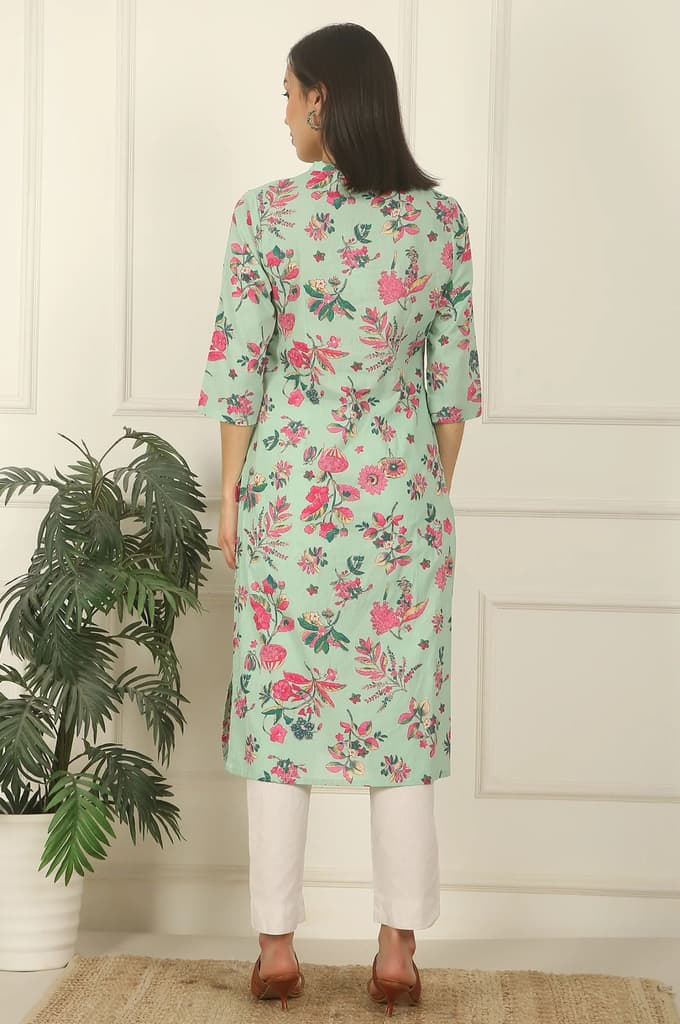 Mint Green Floral Printed Cotton Straight Kurta — photo 6