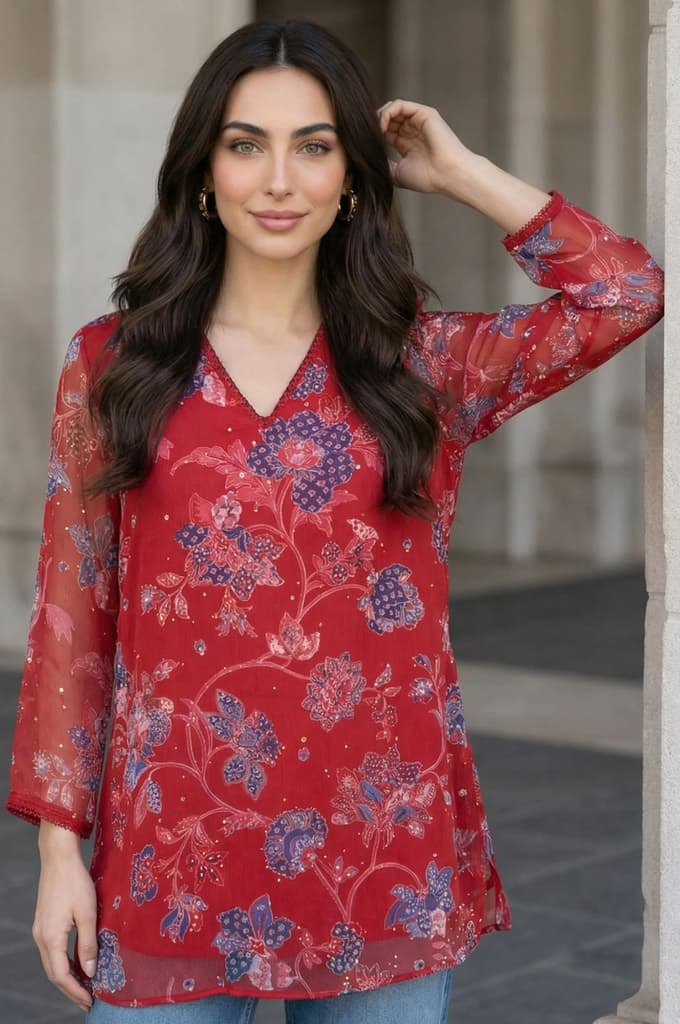 Red Floral Printed Chiffon Straight Top — photo 3