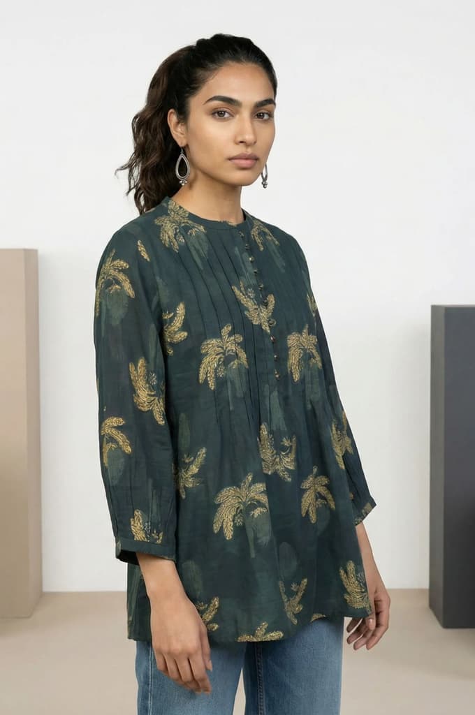 Green Block Botanical Printed Pure Cotton Flared Top — photo 5