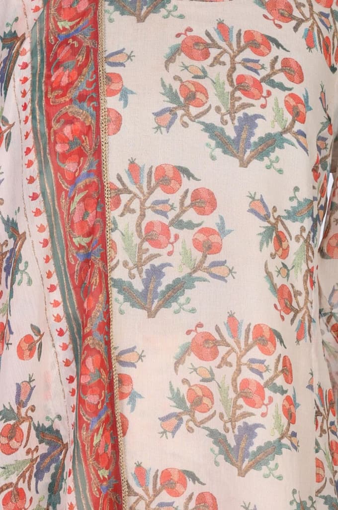 Beige Floral Printed Lace Straight Kurta with Sharara and Dupatta Set — photo 2