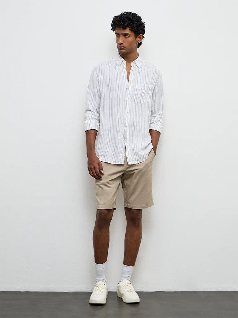WES Casuals White Striped Relaxed-Fit Cotton Shirt