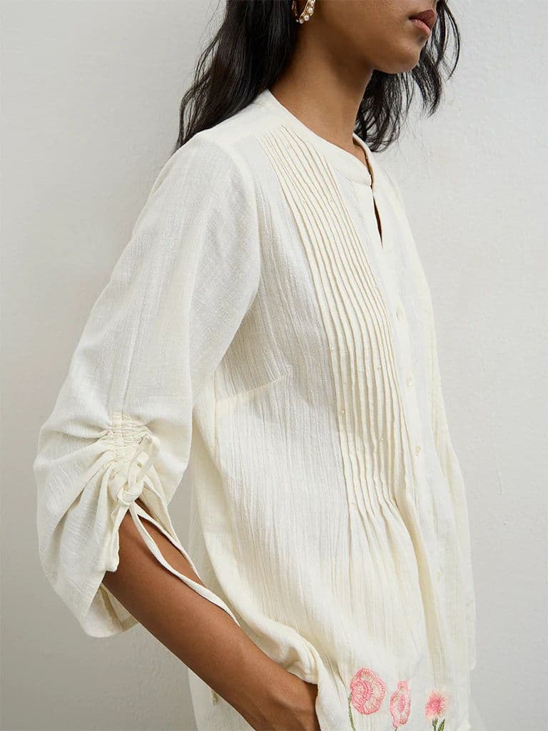 Utsa Off-White Floral Embroidered Cotton-Blend Tunic — photo 3