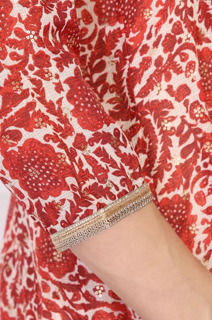Red Embroidered Anarkali Kurta with Flared Pant and Dupatta Set — photo 7