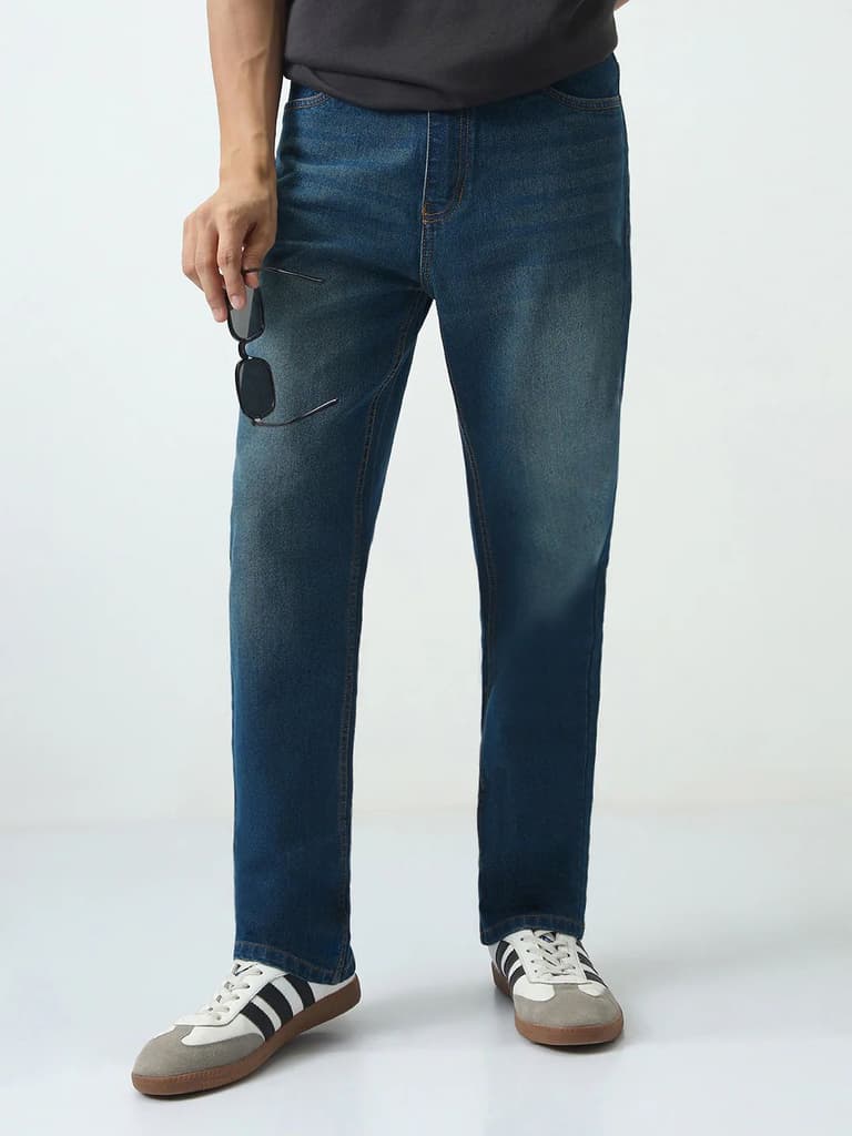 Men's Blue Straight Fit Heavy Washed Jeans Stretchable