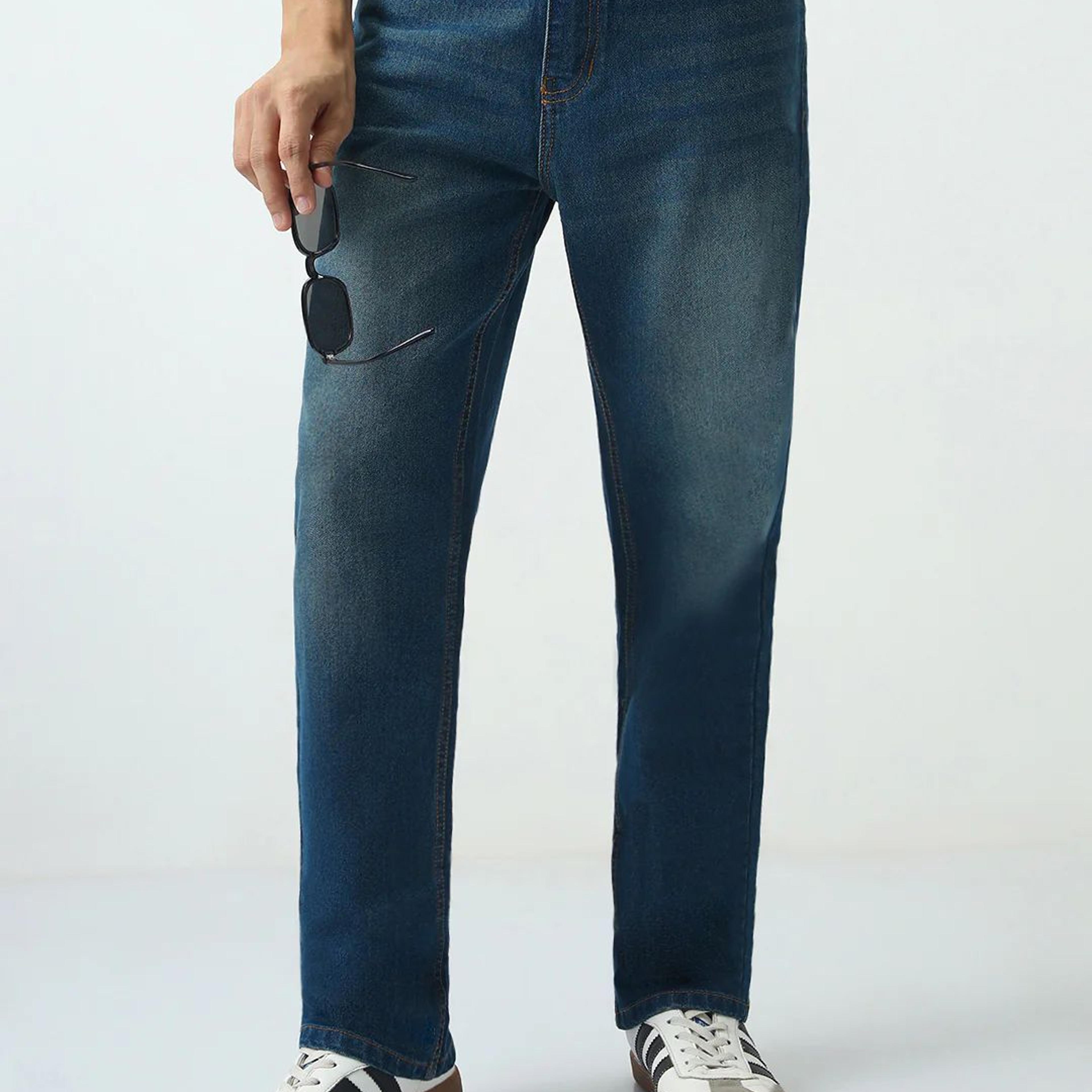 Men's Blue Straight Fit Heavy Washed Jeans Stretchable