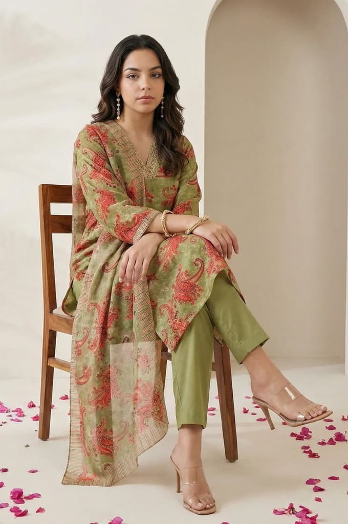 Olive Sequins Paisley Printed Straight Satin Kurta with Straight Pants and Dupatta Set — photo 3