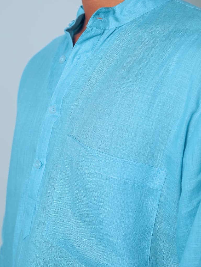 आसमानी (Aasmani) - Men Light Blue Premium Linen Short Kurta — photo 6