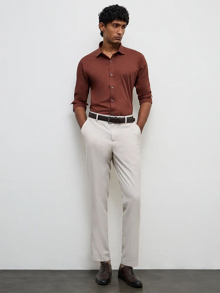 WES Formals Brown Ultra Slim-Fit Cotton-Blend Shirt — photo 2
