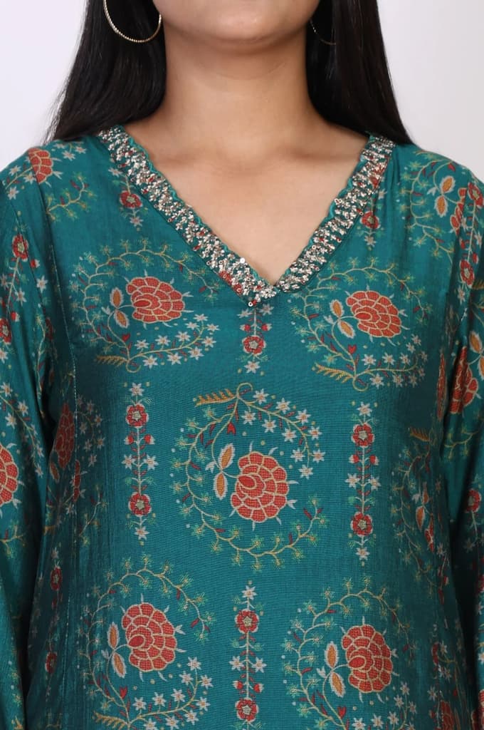Teal Floral Printed Embellished A-Line Art Silk Kurta with Straight Pant Set — photo 3