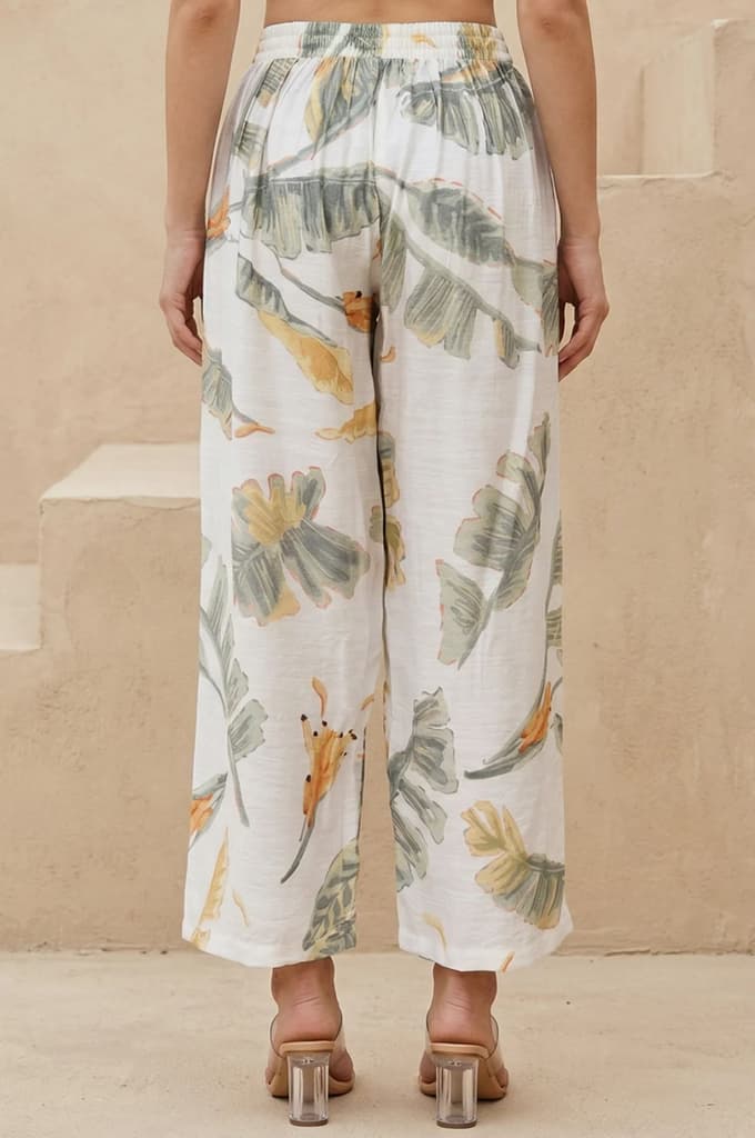 White Tropical Floral Printed Wide Leg Ankle Length Parallel Pants — photo 5