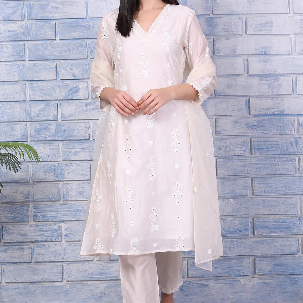 Cream Mirror Work Embroidered Chanderi Flared Kurta, Pants and Dupatta Set
