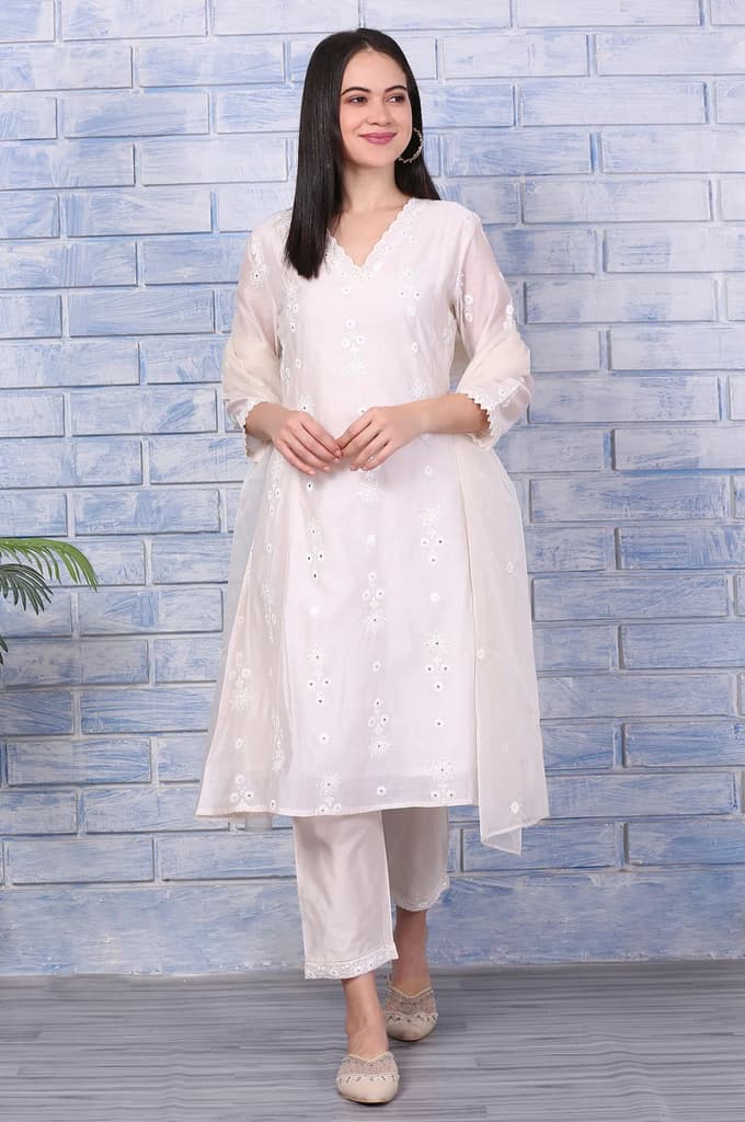 Cream Mirror Work Embroidered Chanderi Flared Kurta, Pants and Dupatta Set — XS