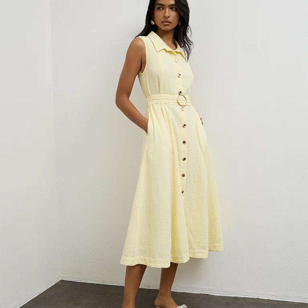 LOV Light Yellow Crinkle-Textured Cotton A-Line Dress