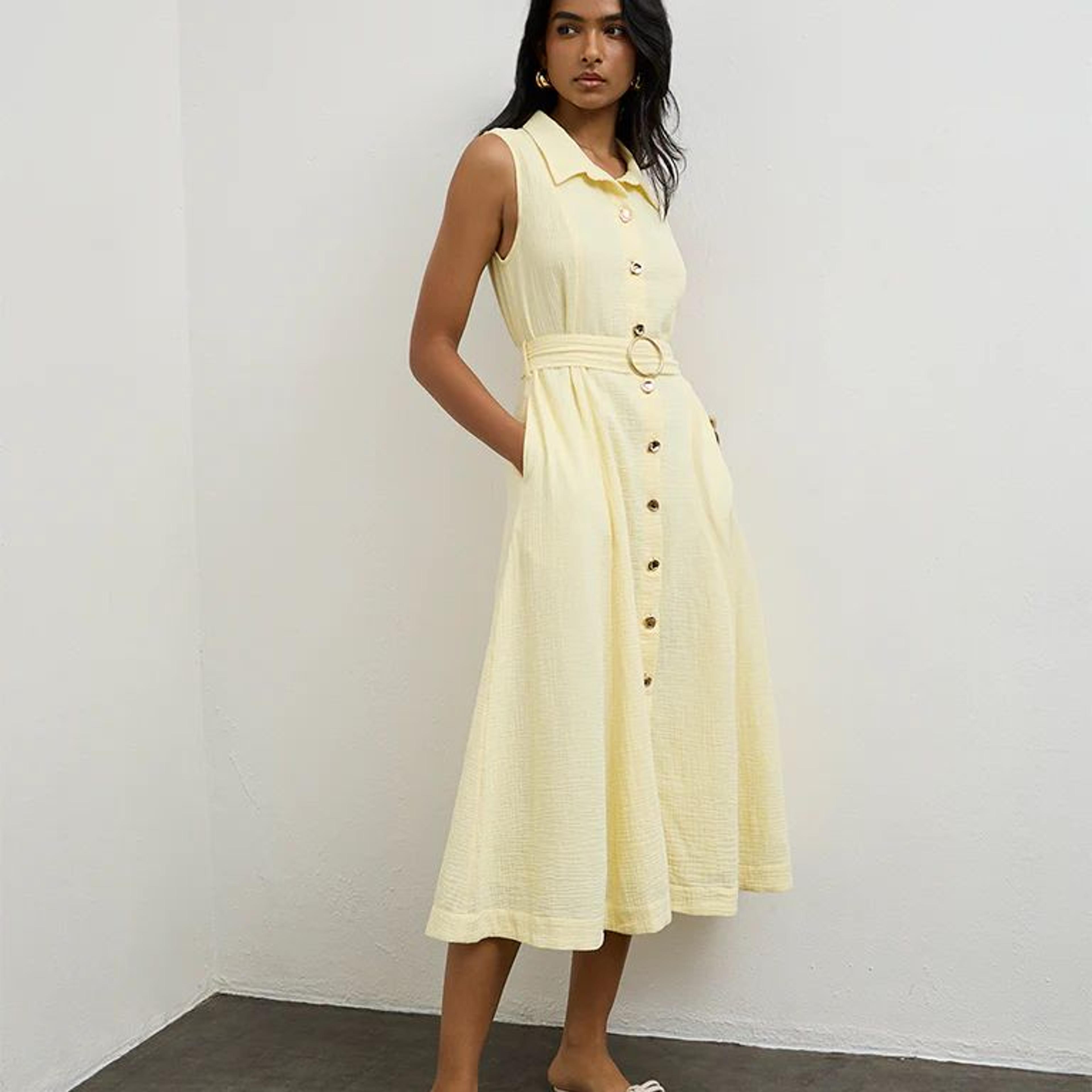 LOV Light Yellow Crinkle-Textured Cotton A-Line Dress