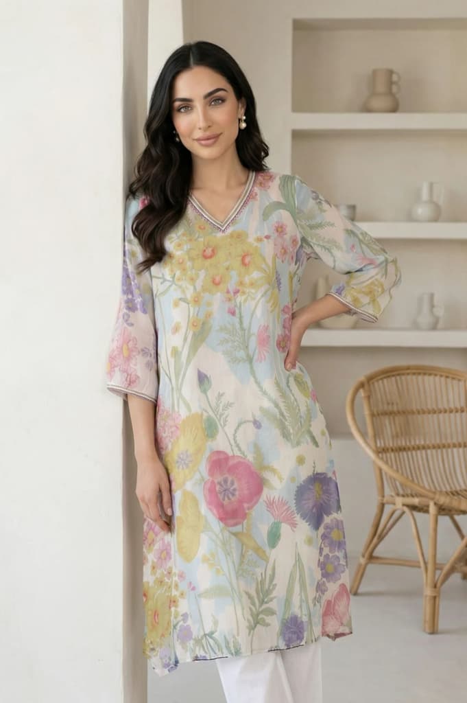 Off White Floral Printed Chiffon Straight Kurta — XS
