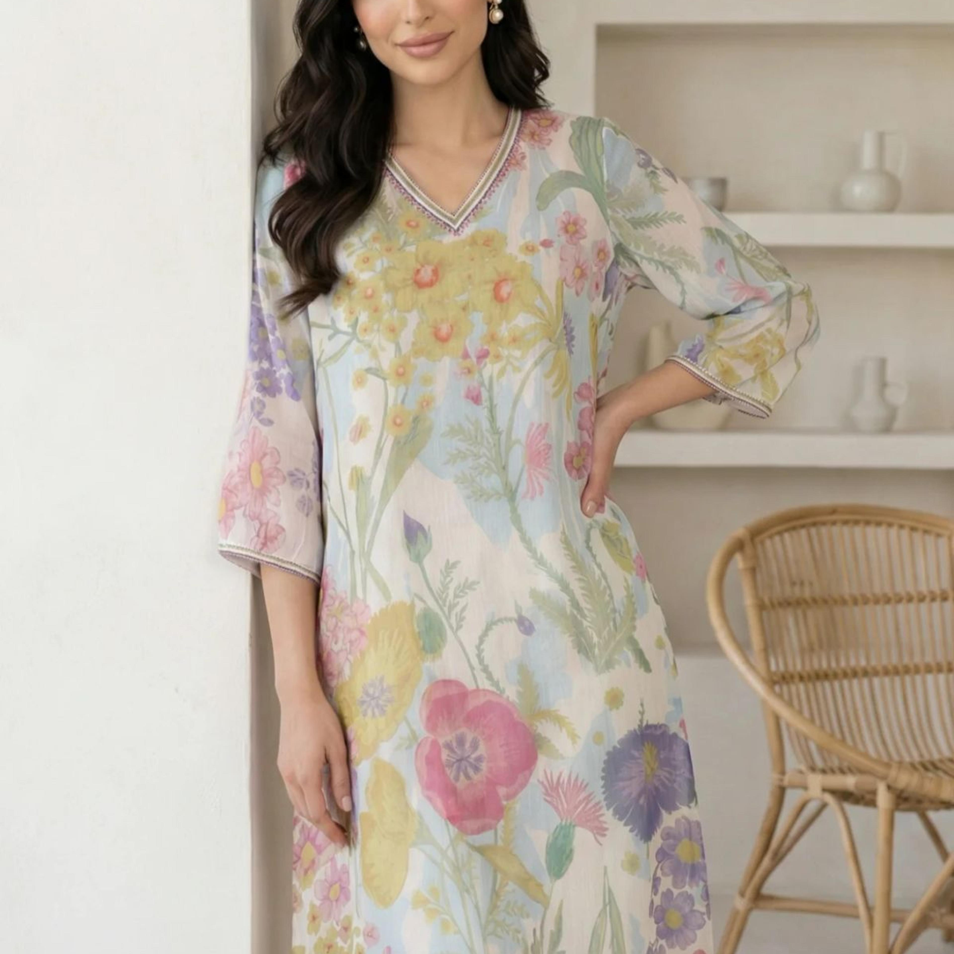 Off White Floral Printed Chiffon Straight Kurta