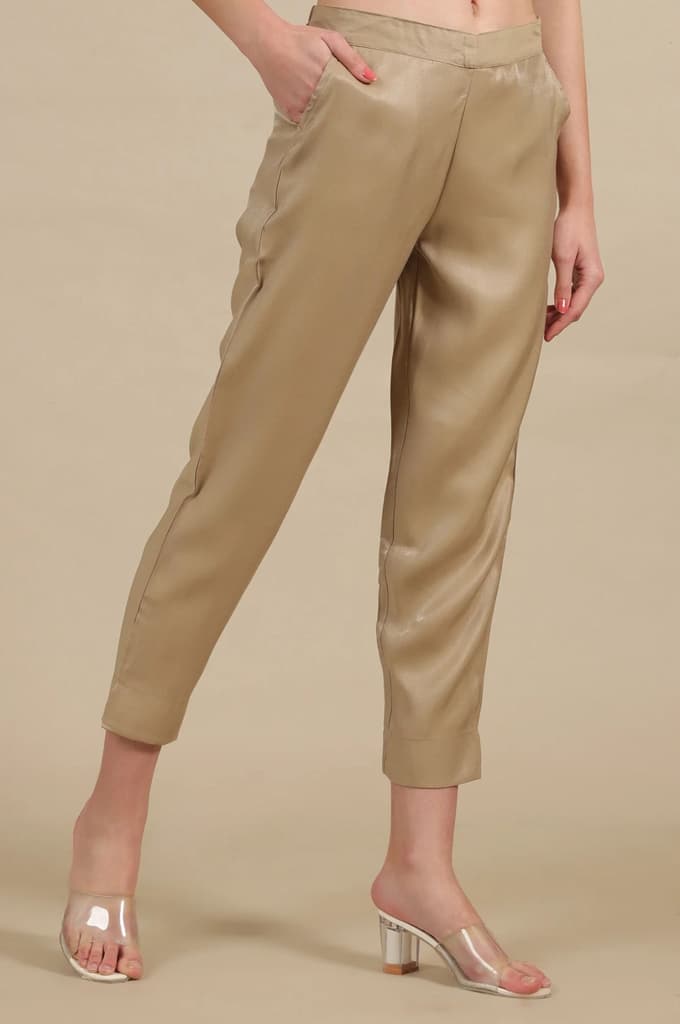 Gold Solid Straight Fit Trousers With Elasticated Waist — photo 4