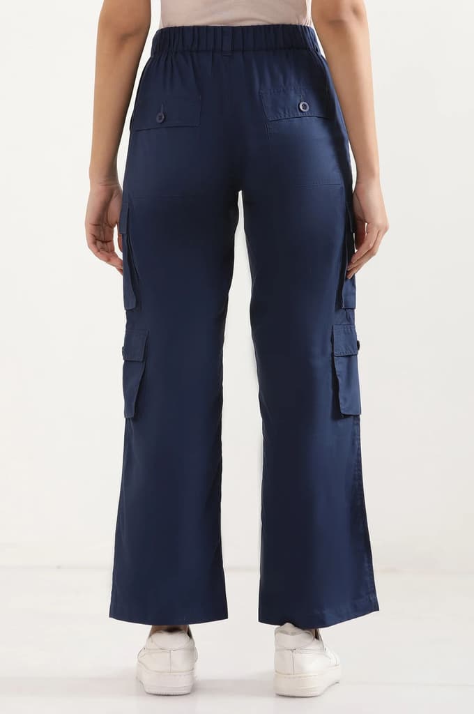 Navy Blue Solid Straight Fit Cotton Cargo Pants With Elasticated Waist — photo 5