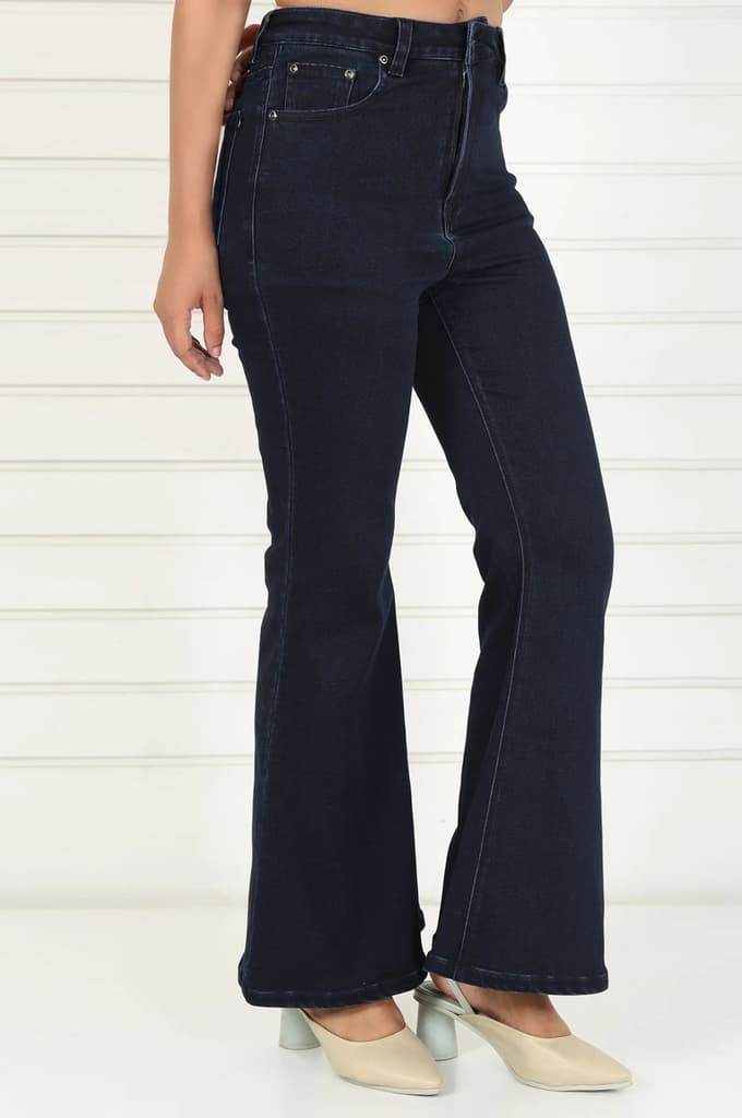 Blue Denim Lycra Mid Rise Ankle Length Flared Pants with YKK Zipper — photo 5