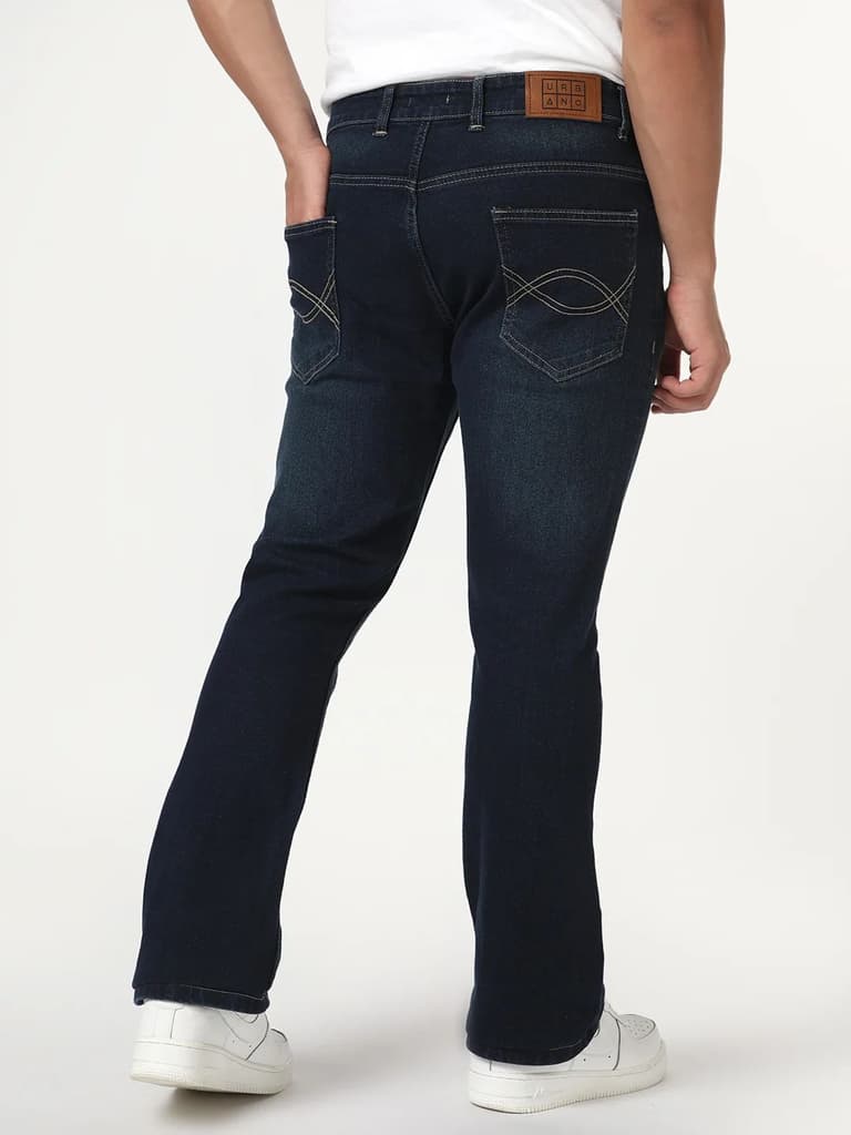 Men's Dark Blue Bootcut Fit Mid Rise Heavy Washed Jeans Stretchable — photo 3