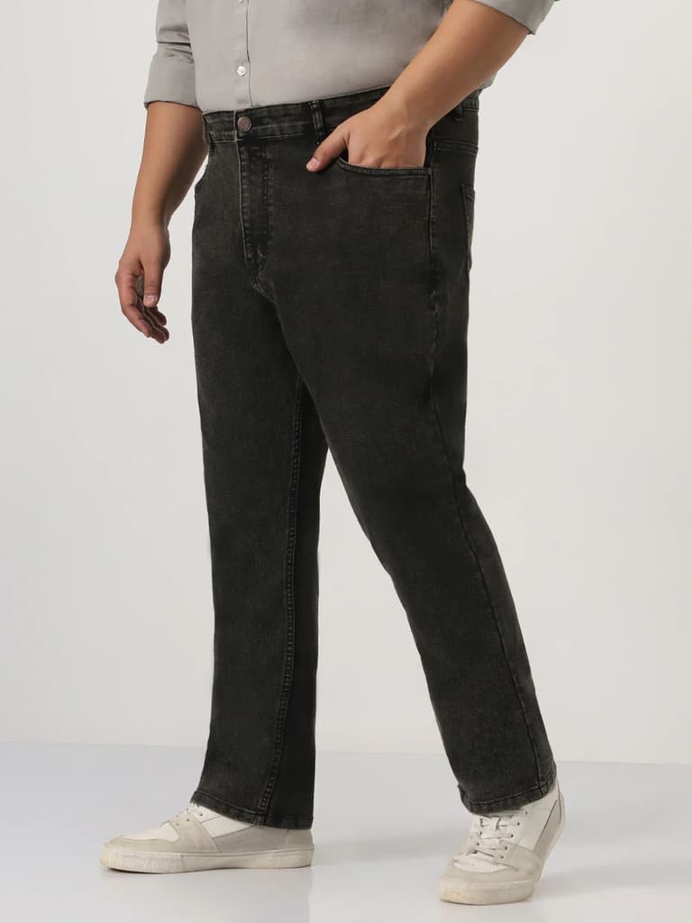 Plus Men's Black Straight Fit Heavy Washed Jeans Stretchable — photo 2