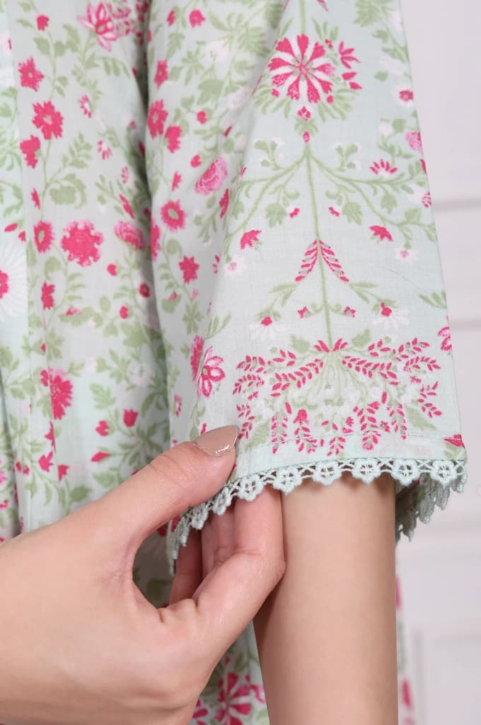 Light Green Floral Printed Lace Trim Anarkali Cotton Kurta with Straight Pant and Dupatta Set — photo 7
