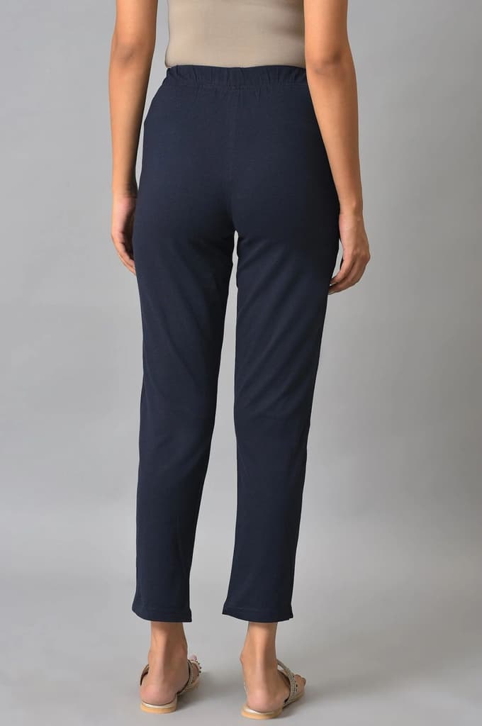 Navy Blue Solid Flared Cotton Pants With Elasticated Waist — photo 2