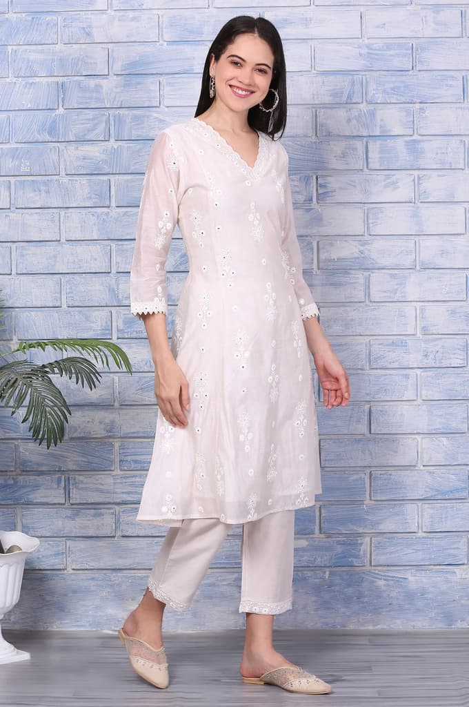 Cream Mirror Work Embroidered Chanderi Flared Kurta, Pants and Dupatta Set — photo 6