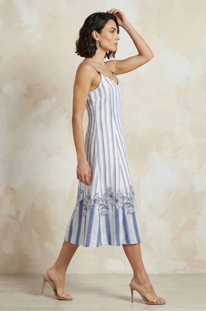 White Striped Floral Printed Noodle Straps Rayon A-line Western Dress — photo 6