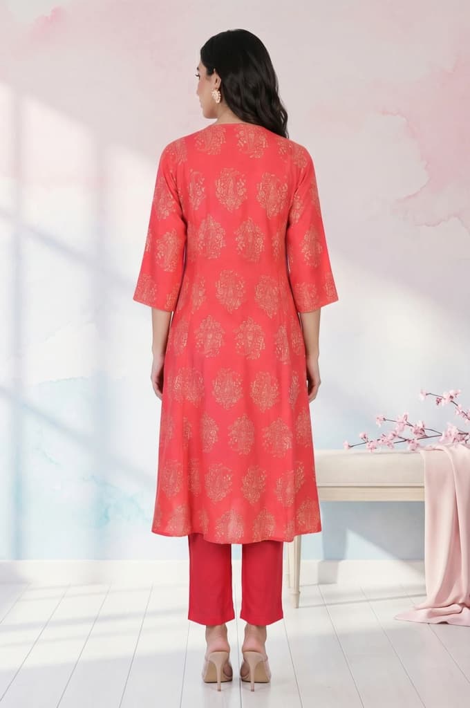 Red Foil Floral Printed Pure Cotton Flared Kurta — photo 5