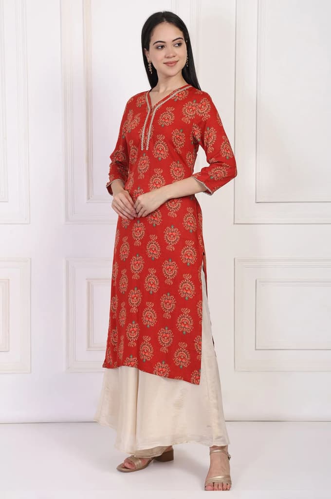 Red Floral Ethnic Printed Lace Trim Straight Rayon Kurta — photo 4