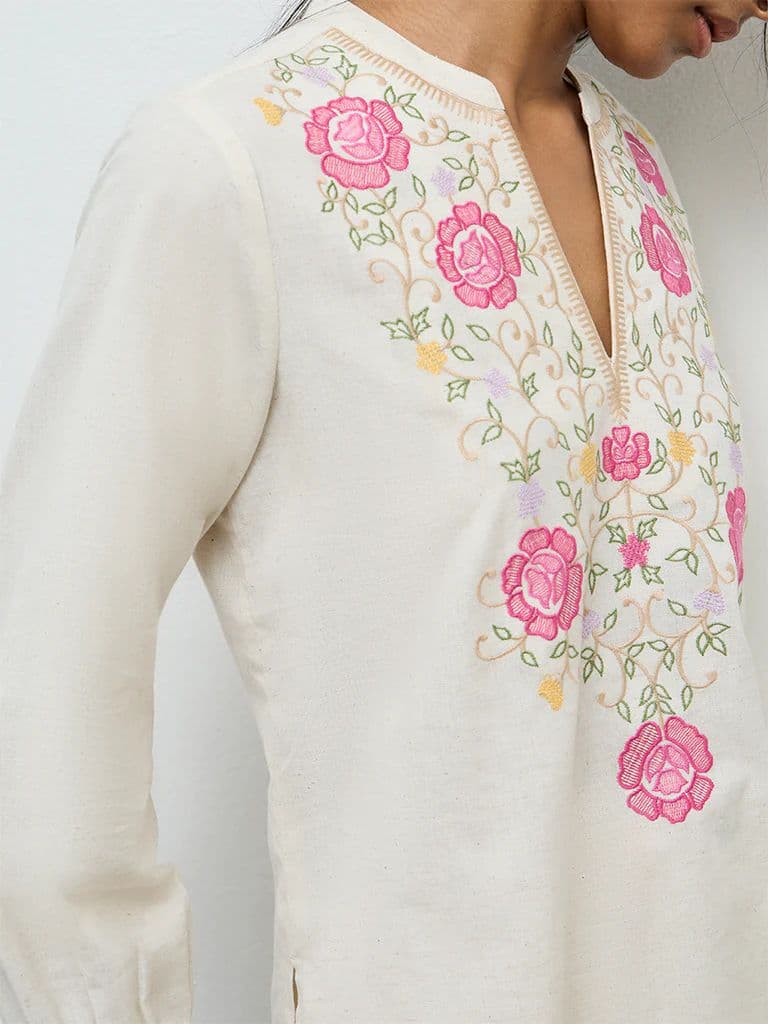 Utsa Off-White Embroidered Cotton Tunic — photo 3