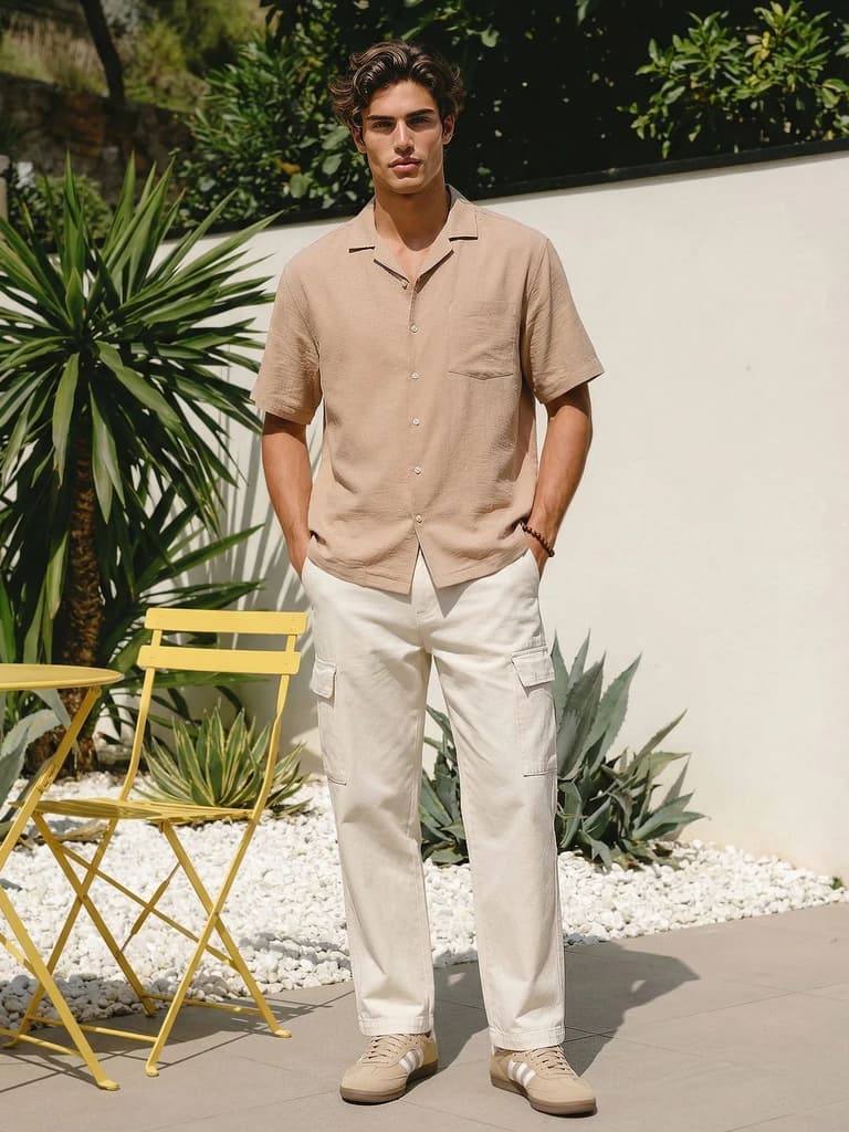 Men's Beige Cotton Half Sleeve Relaxed Fit Textured Shirt with Cuban Collar — photo 4