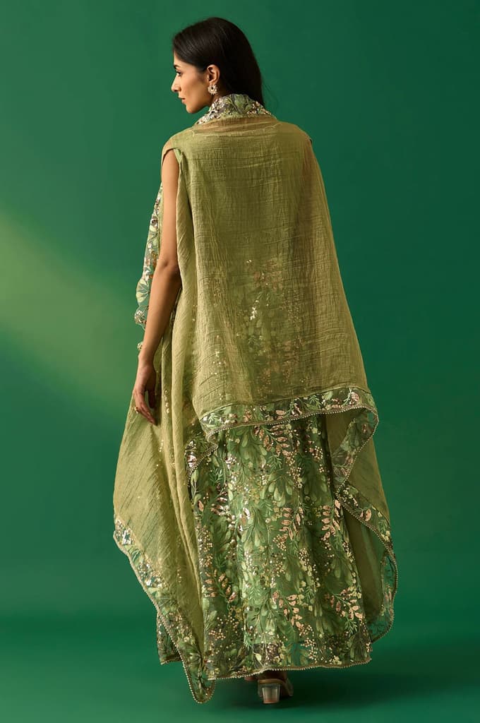 Green Embroidered Anarkali Tissue Dress with Churidar and Dupatta Set — photo 4